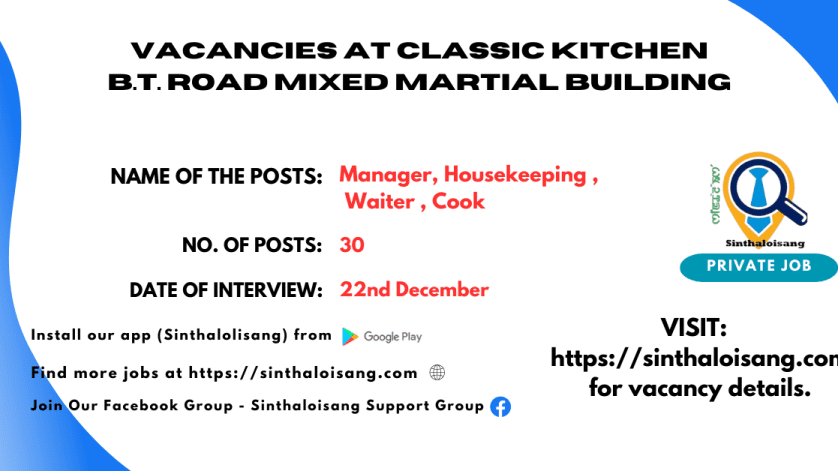 VACANCIES AT CLASSIC KITCHEN B.T. ROAD MIXED MARTIAL BUILDING