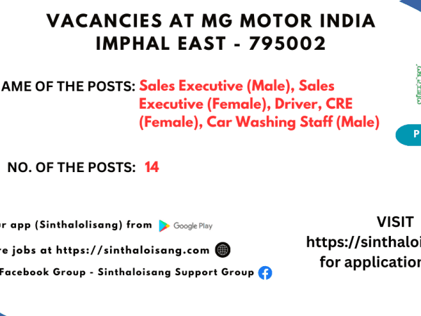 VACANCIES AT MG MOTOR INDIA IMPHAL EAST 795002