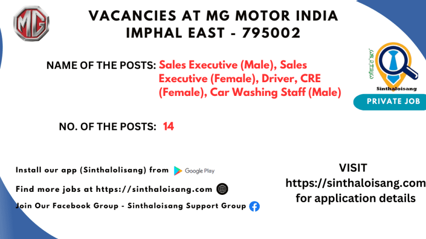 VACANCIES AT MG MOTOR INDIA IMPHAL EAST 795002